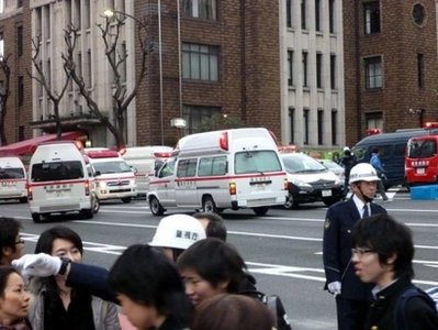 Ambulances gather outside Kudan Kaikan hall