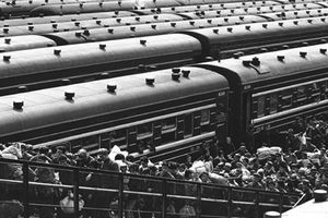 A bustling railway station in Beijing in 1981