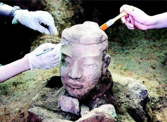 A terracotta warrior is unearthed