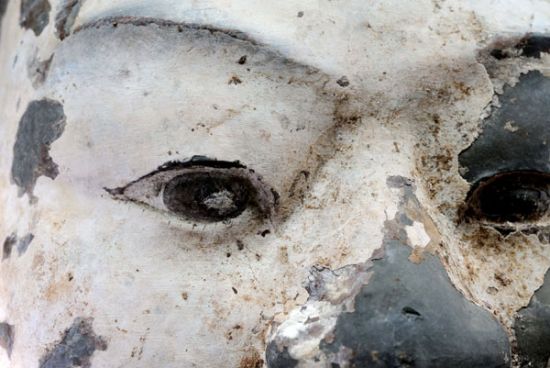 Details of the eyes of a colored terracotta warrior
